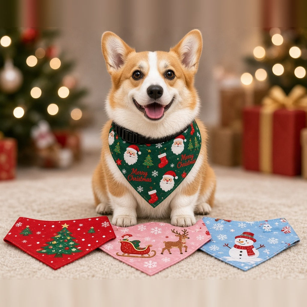 Corgi wearing a Santa print Christmas bandana collar, with other colours laid out in front