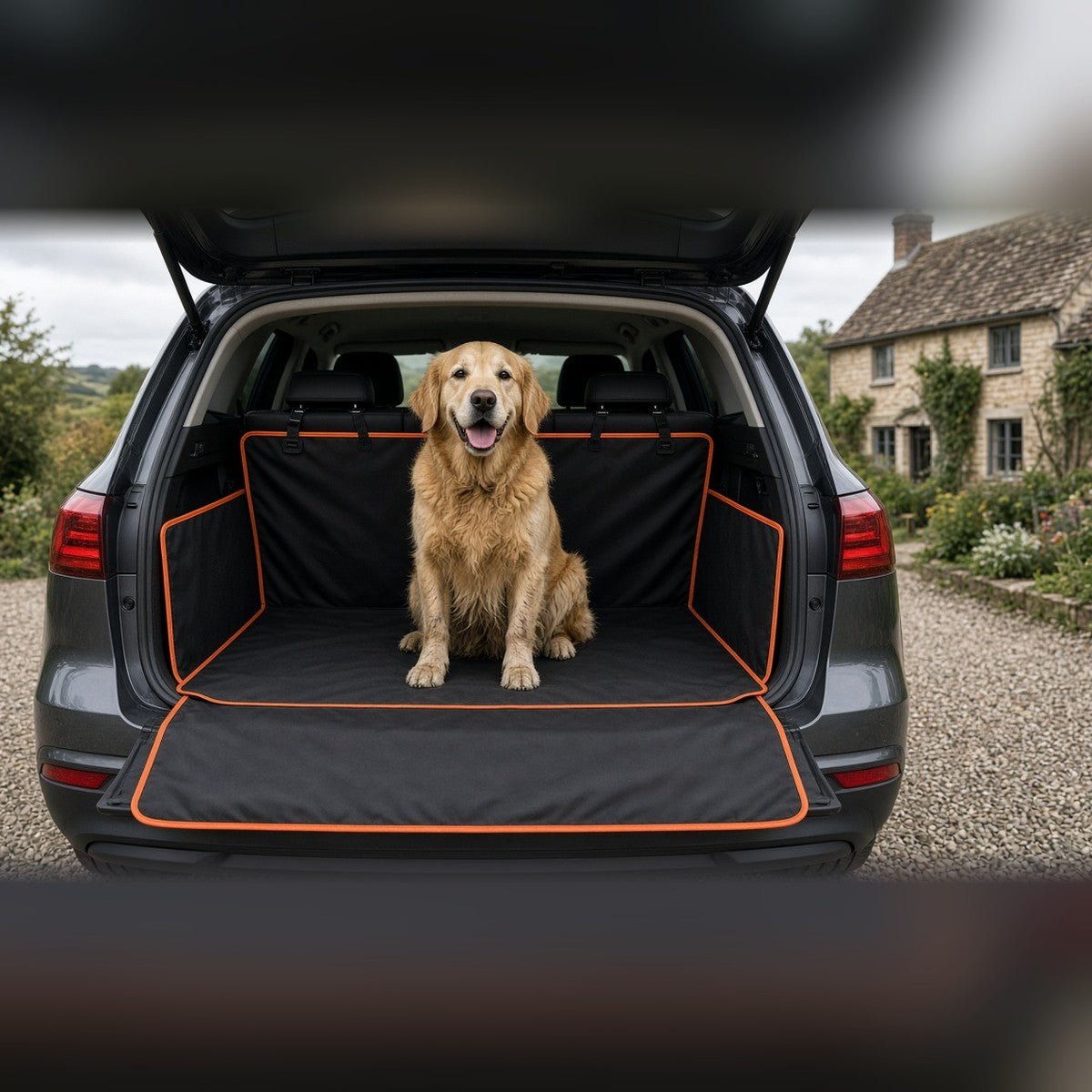 Golden retriever sitting on the black Waterproof Car Boot Liner with orange edging in the open boot of an SUV