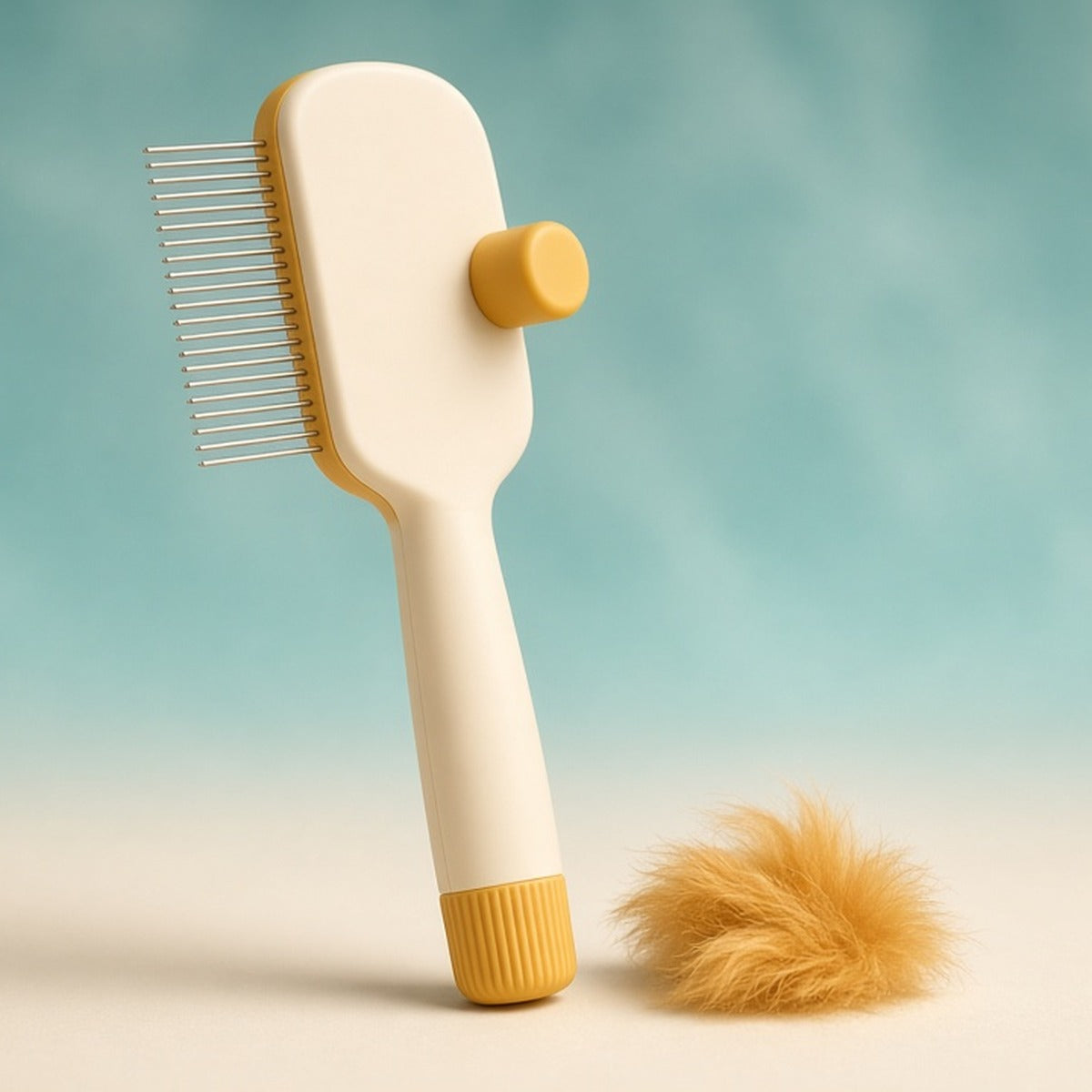 Cream self-cleaning dog brush with stainless-steel pins, part of the Groom & Tidy bundle