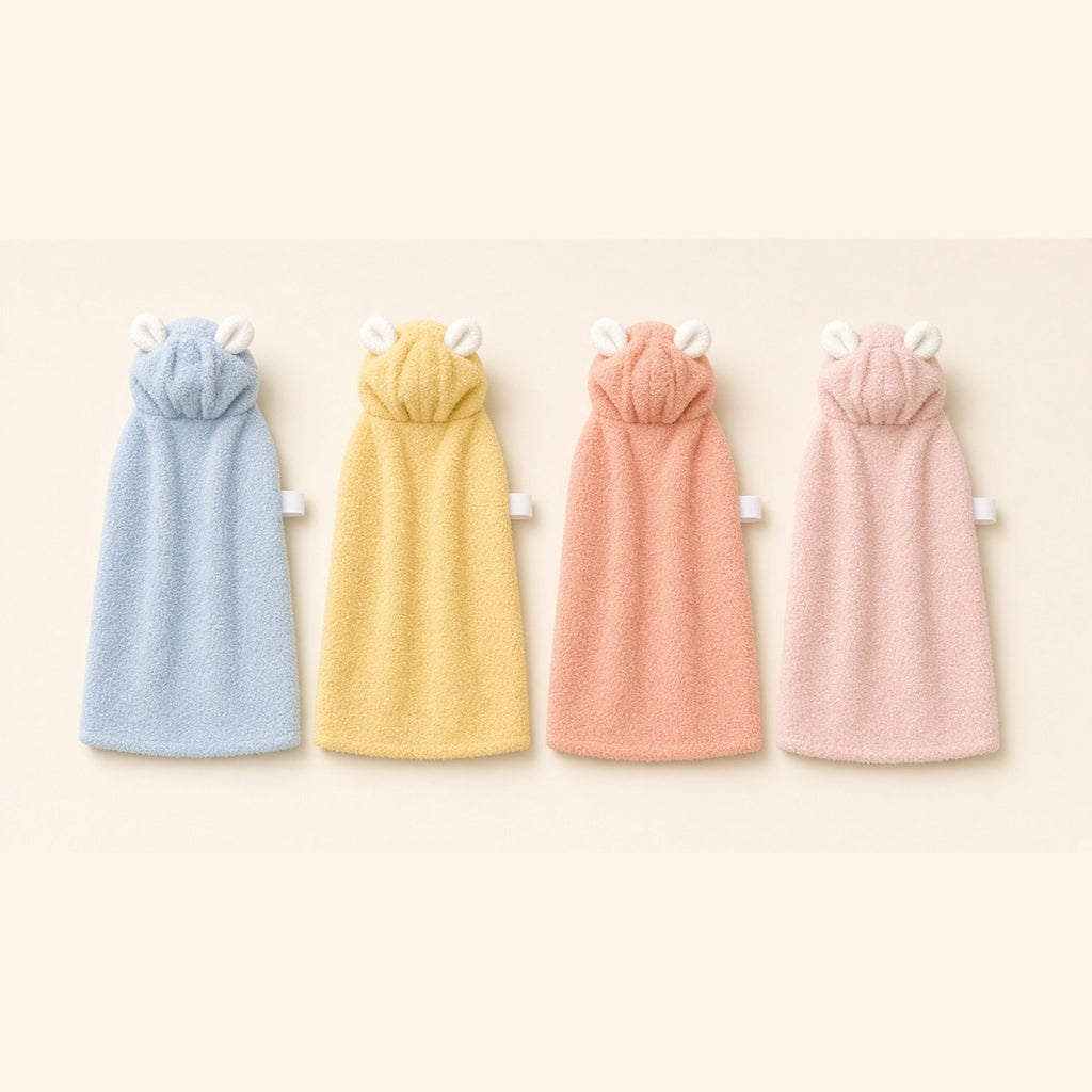 The Hooded Bunny Ear Drying Robe in baby blue, lemon yellow, coral pink and light pink