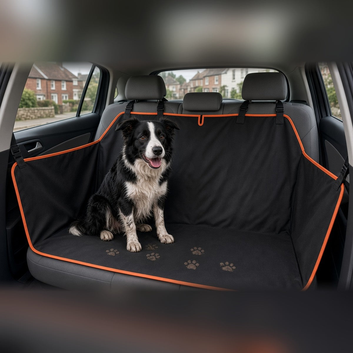 Border collie sitting on the black Waterproof Car Seat Hammock with orange edging across the back seat of a car