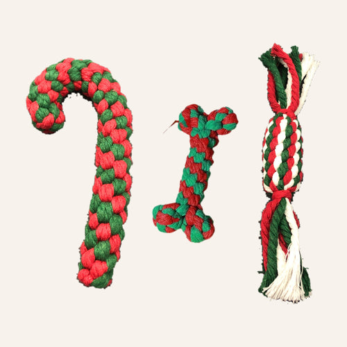 Christmas rope toy set: red and green braided candy cane, rope bone and red, green and white braided sweet with tassels