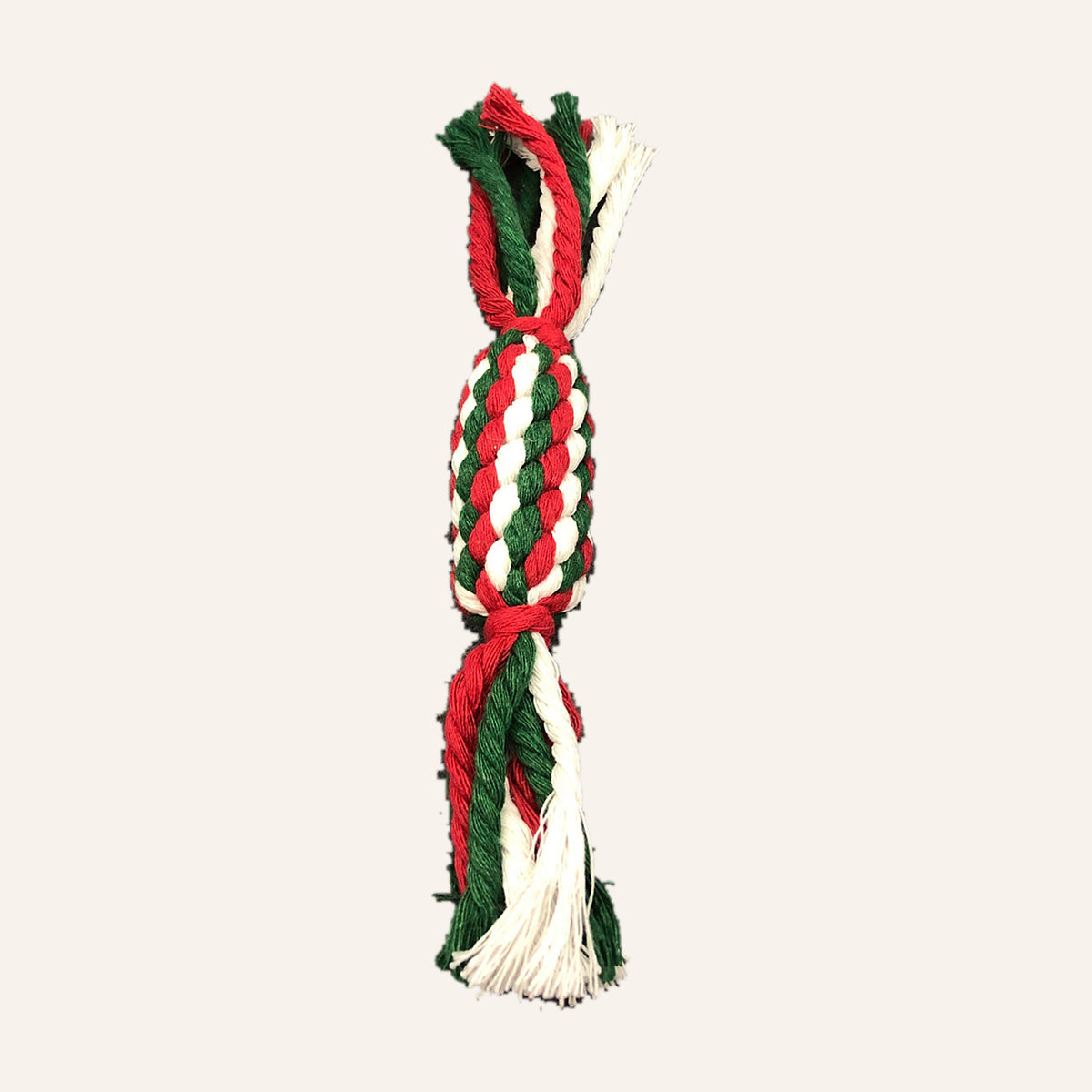 Red, green and white braided rope sweet dog toy with tasselled ends
