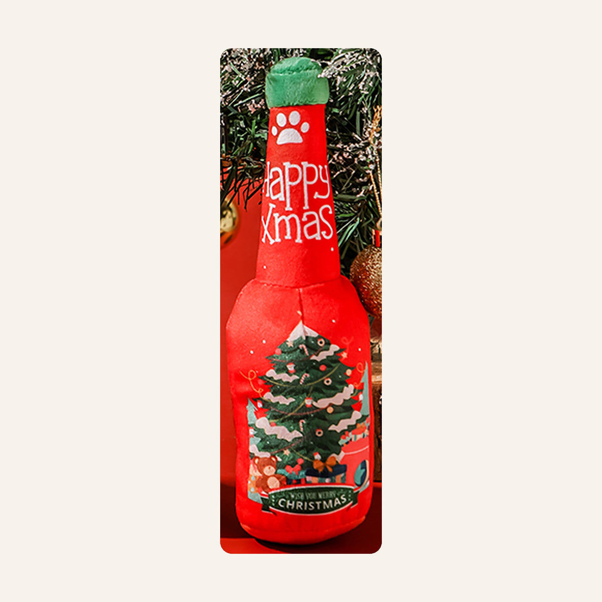 Red Christmas tree squeaky bottle dog toy