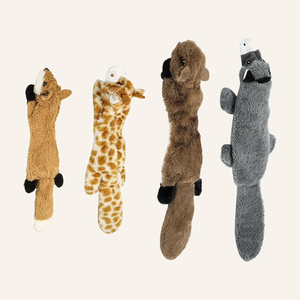 Four stuffing-free crinkle woodland dog toys: fox, giraffe, squirrel and grey donkey