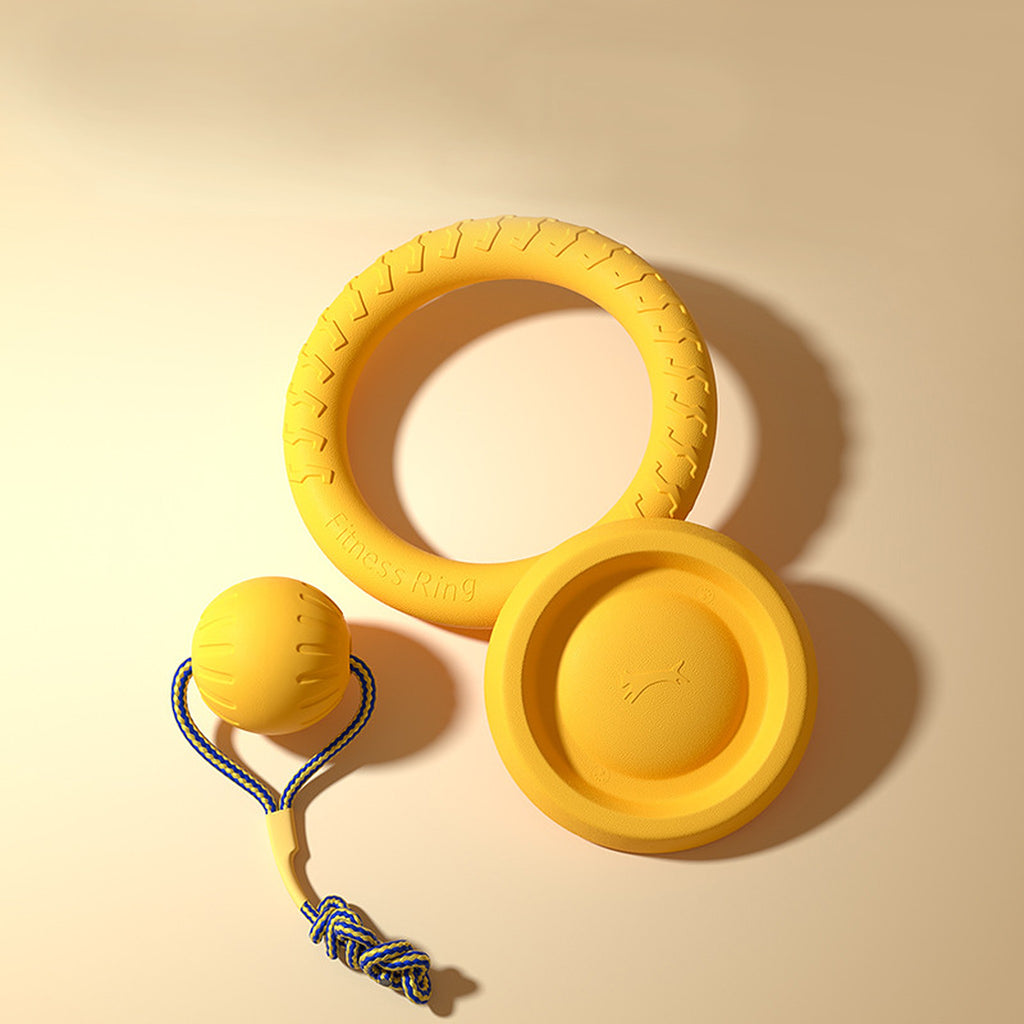 Yellow EVA foam tug ring, flying disc and ball on a rope on a beige background