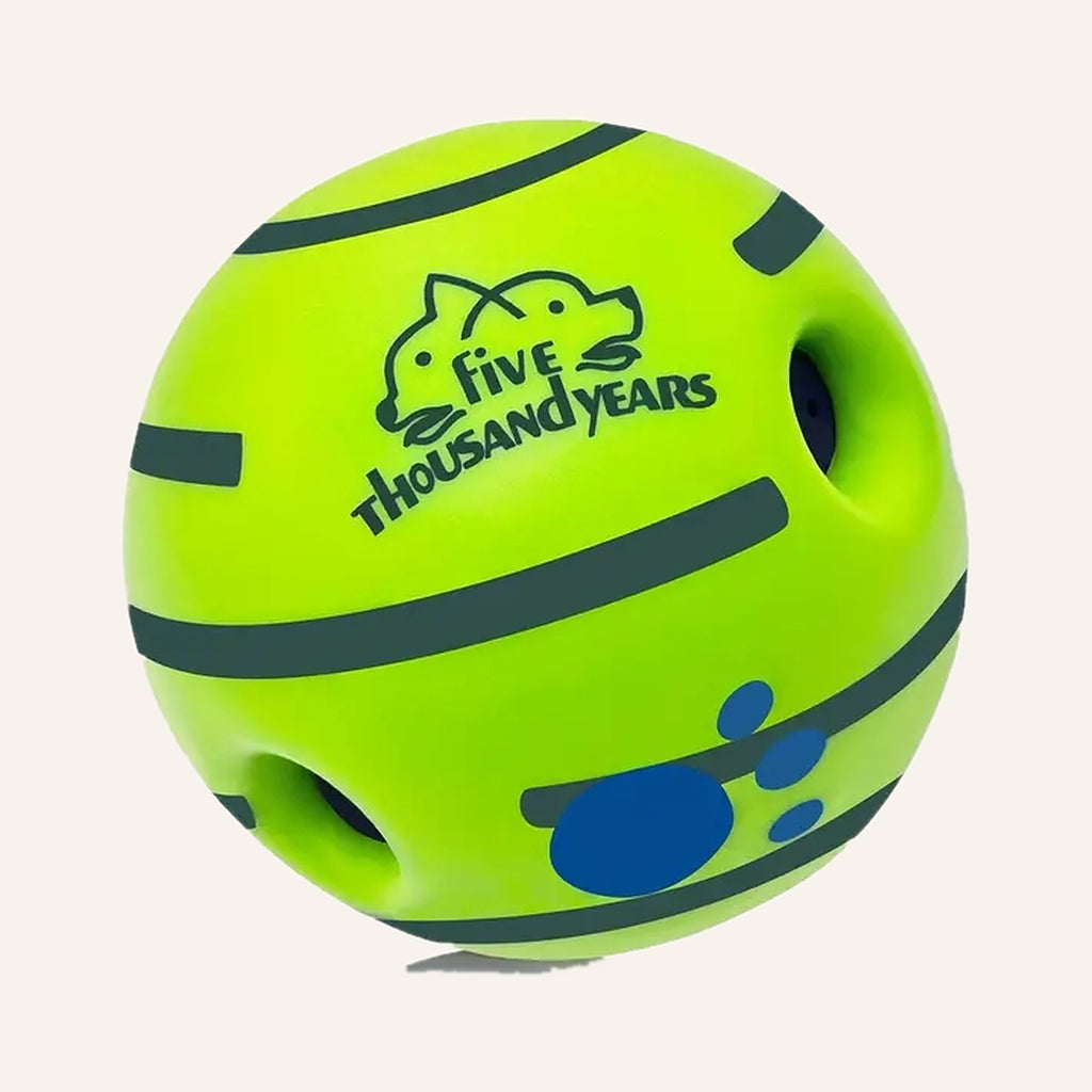 Green Giggle Sound Ball with dark stripes and treat holes