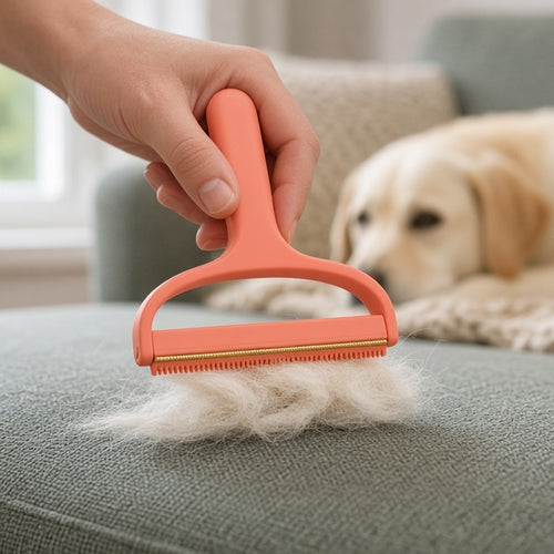 Hand pulling the orange Car & Sofa Pet Hair Scraper across a sofa cushion, lifting a line of pale dog hair, with a Labrador resting behind