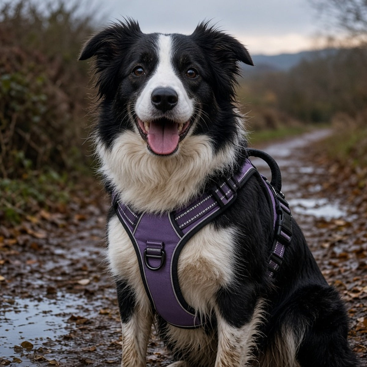 Border collie wearing the purple padded no-pull harness with reflective trim and a grab handle on a wet country lane