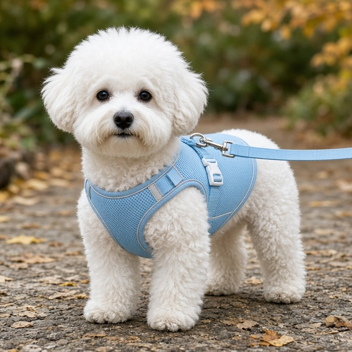 Bichon frise wearing the light blue Small Dog Harness & Lead Set with the matching lead clipped on, on an autumn path