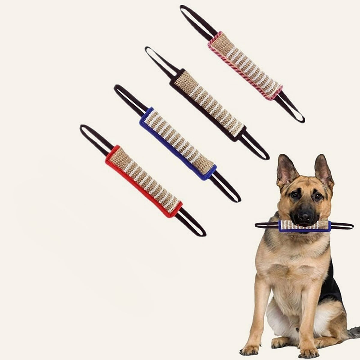 Jute tug toys in black, red, blue and red and white with a German Shepherd