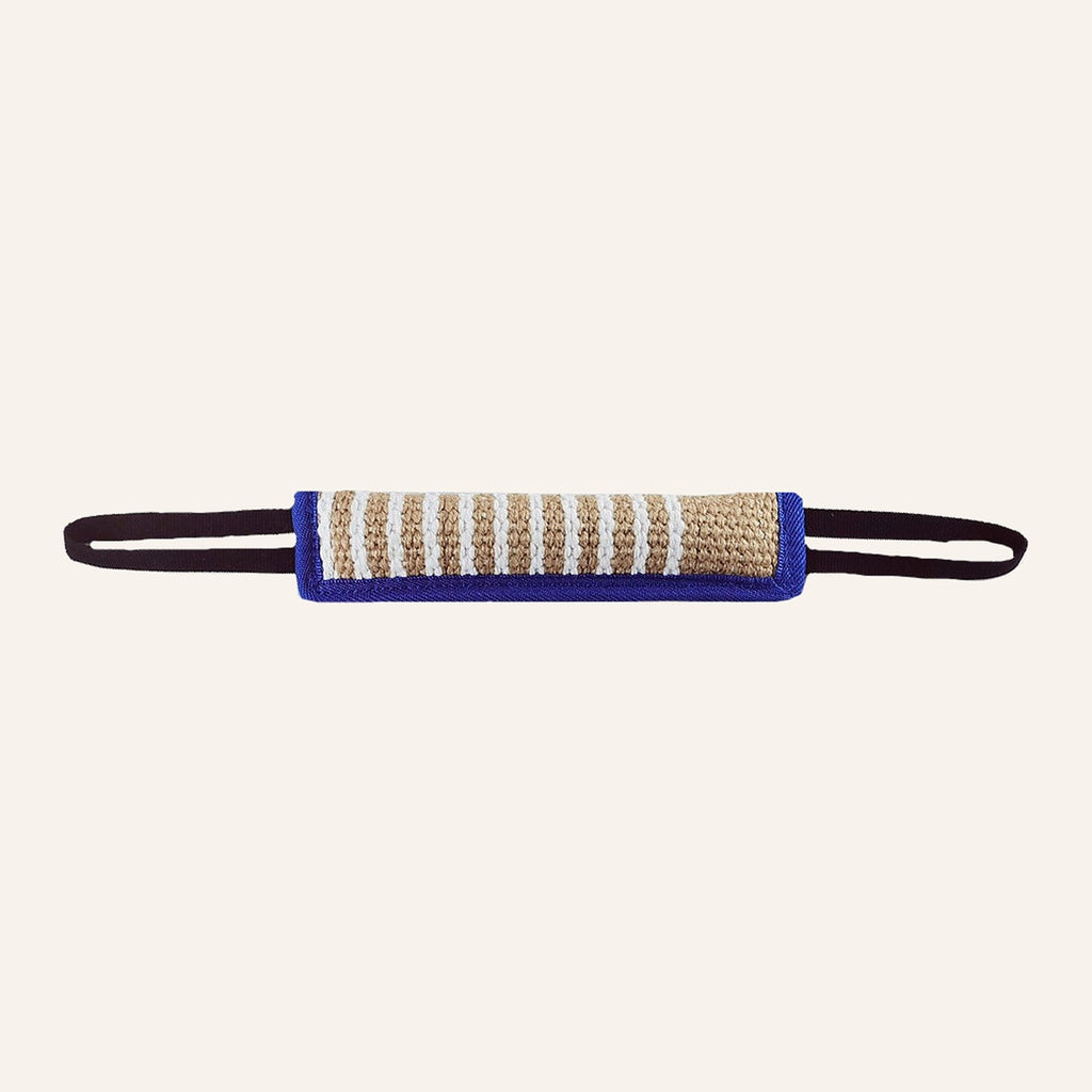 Close-up of the blue jute tug toy and its strap handles