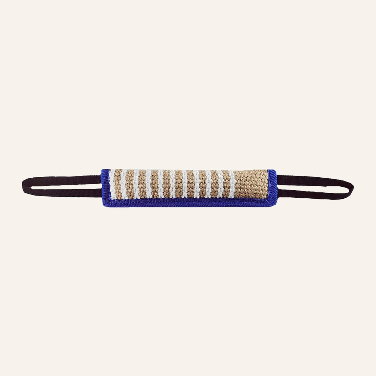 Close-up of the blue jute tug toy and its strap handles
