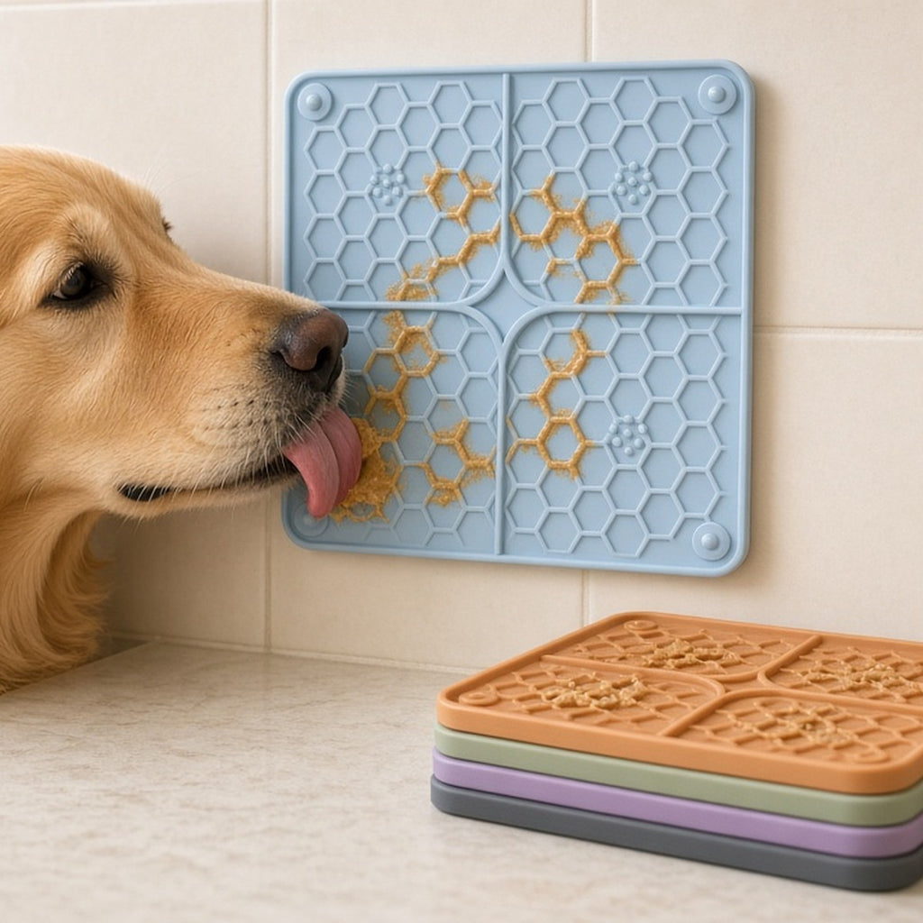 Golden retriever licking a honeycomb silicone lick mat stuck to a tiled wall