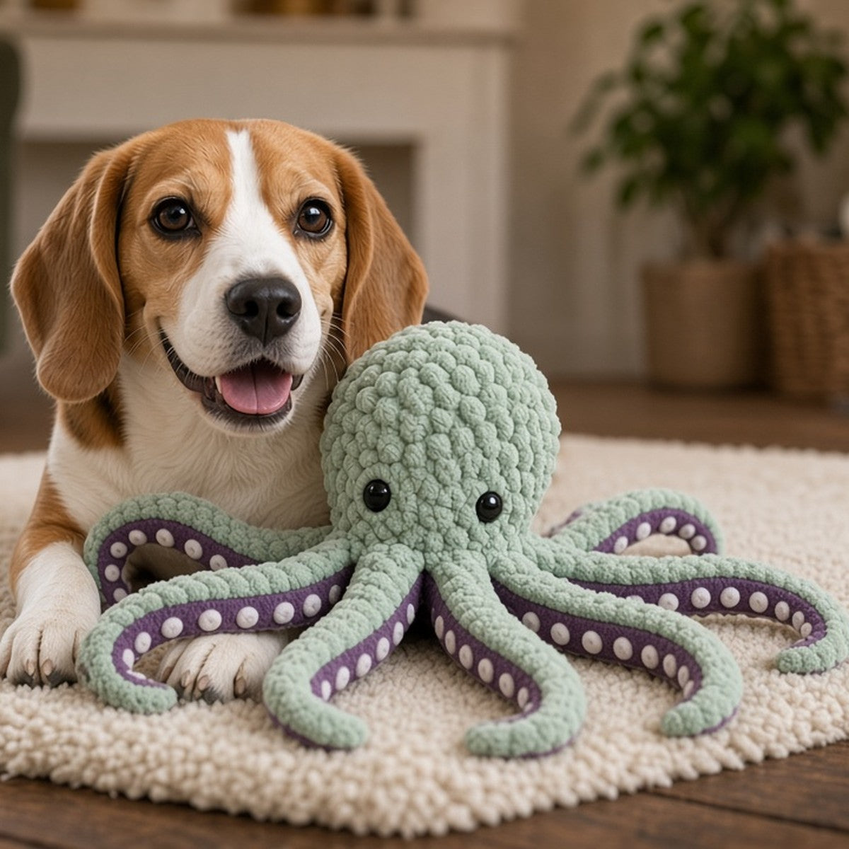 Beagle lying on a cream rug beside the mint green and purple Crinkle Squeaky Octopus Toy