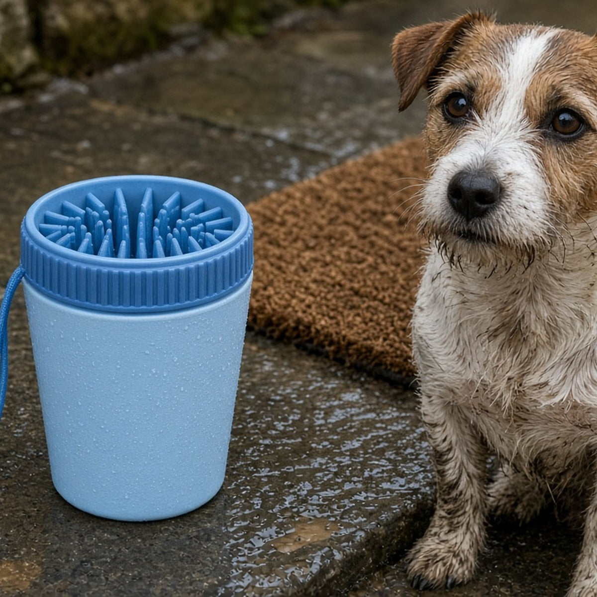 Blue silicone paw cleaner cup beside a wet terrier, included in the Muddy Walk Kit