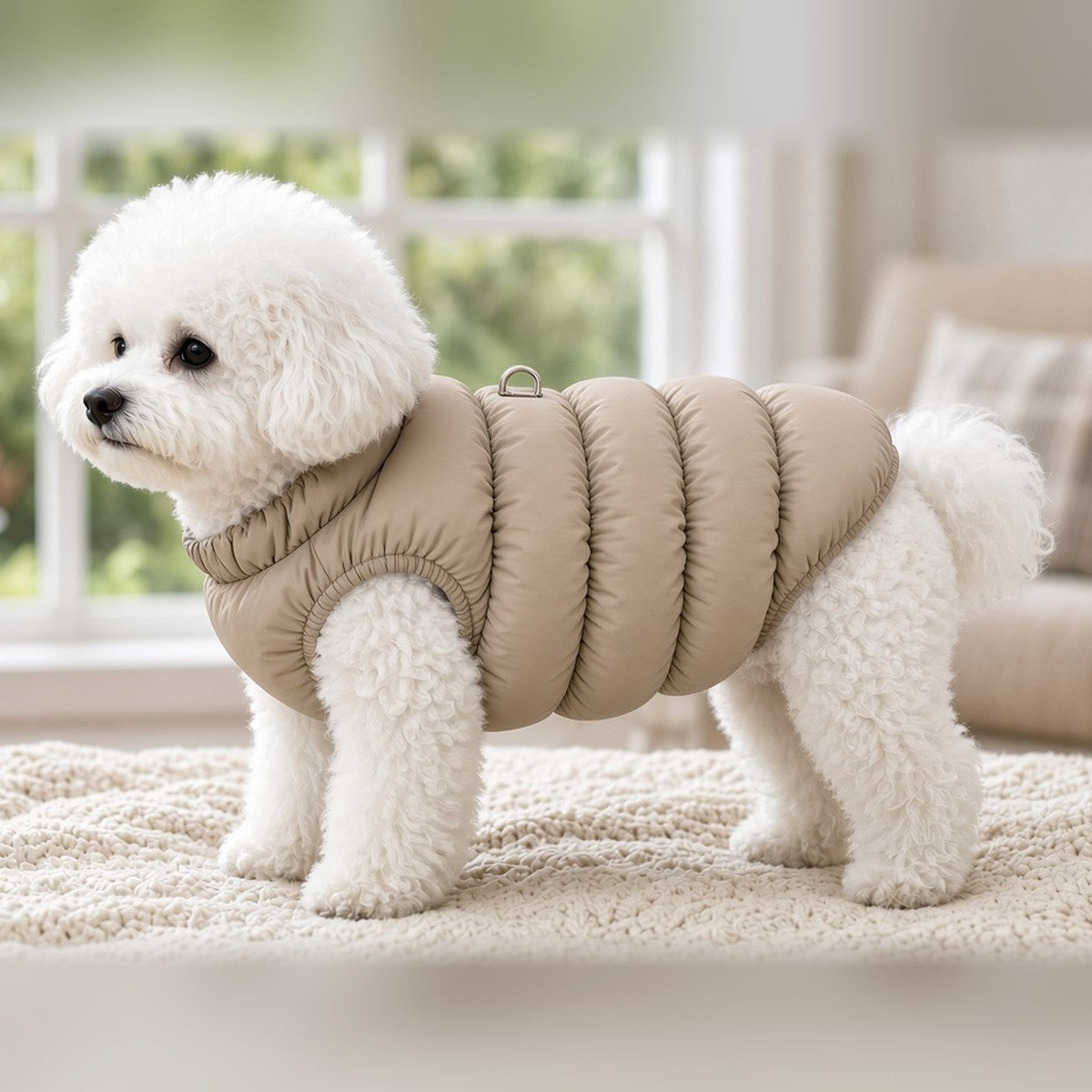 Small white dog wearing the beige Cosy Padded Puffer Jacket