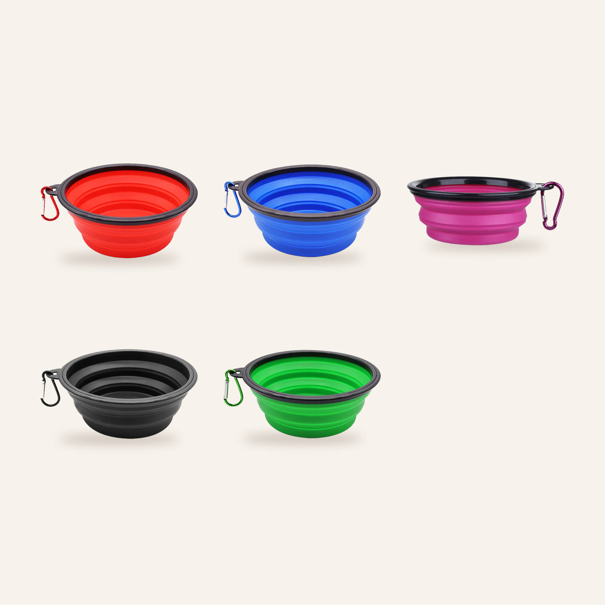 Collapsible Silicone Travel Bowl with Clip: five colours
