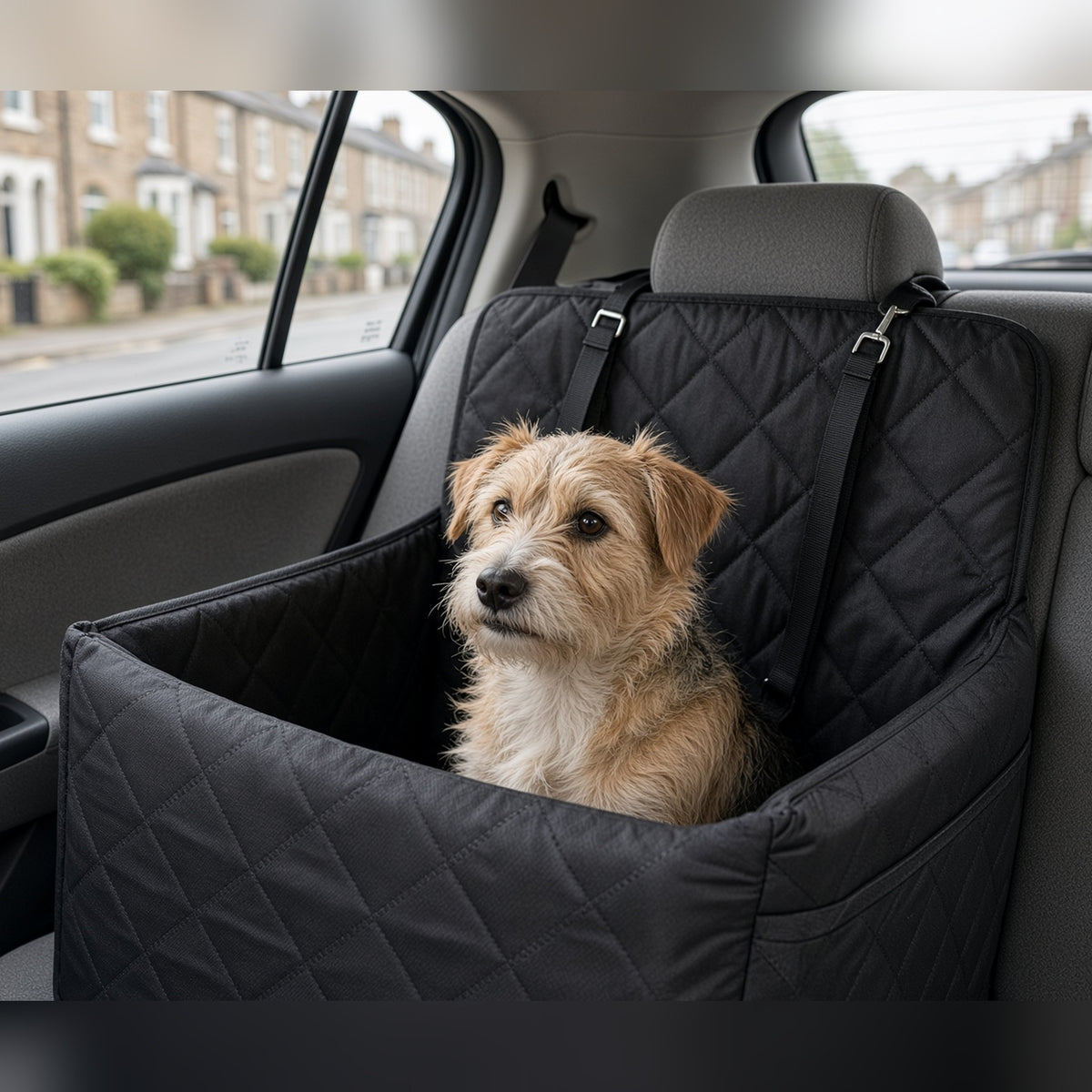 Dog Car Seat with Safety Belt: black dog in car