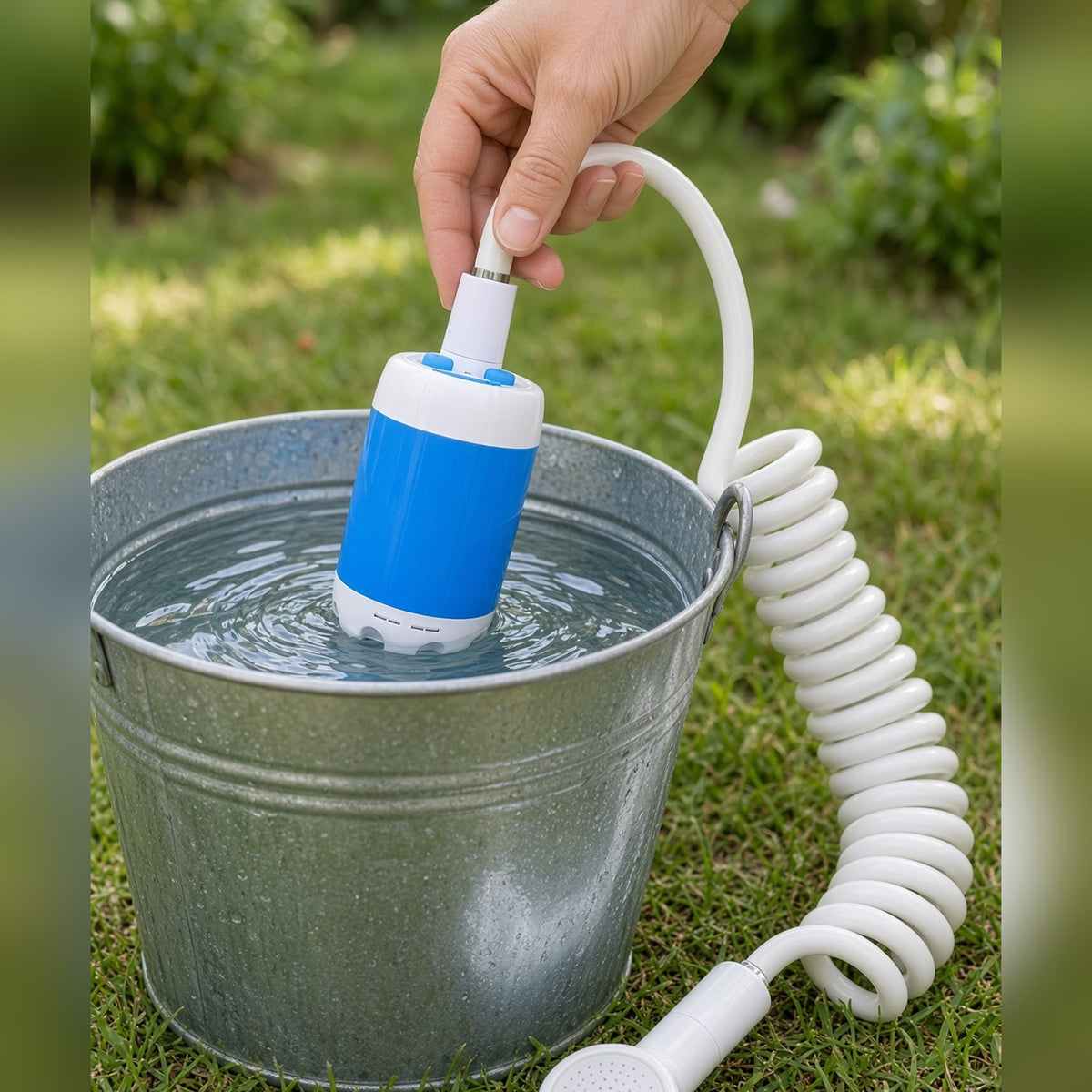 Rechargeable Portable Dog Shower Pump: in hand