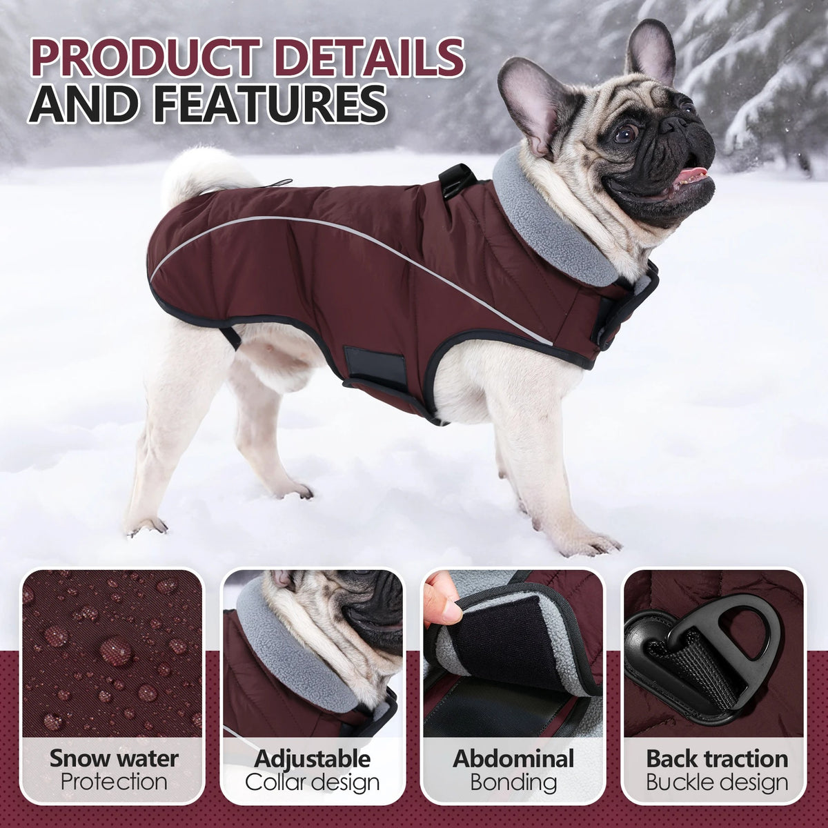 Burgundy Waterproof Turtleneck Dog Coat: features
