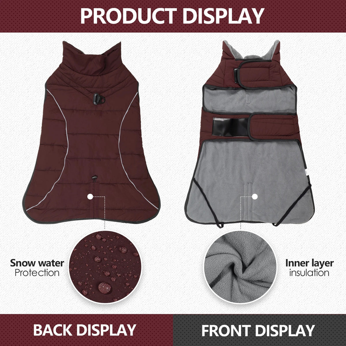 Burgundy Waterproof Turtleneck Dog Coat: front back