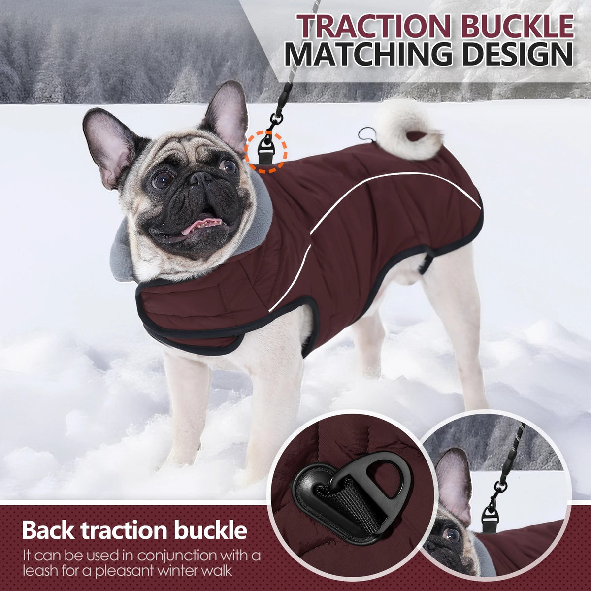 Burgundy Waterproof Turtleneck Dog Coat: traction buckle