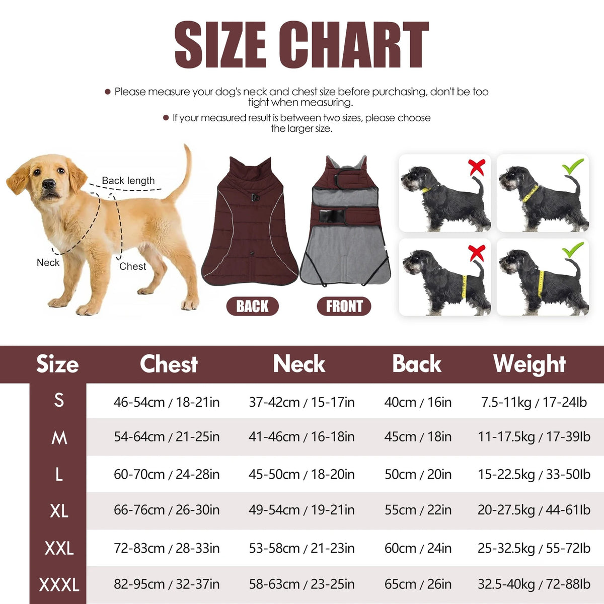 Burgundy Waterproof Turtleneck Dog Coat: size chart