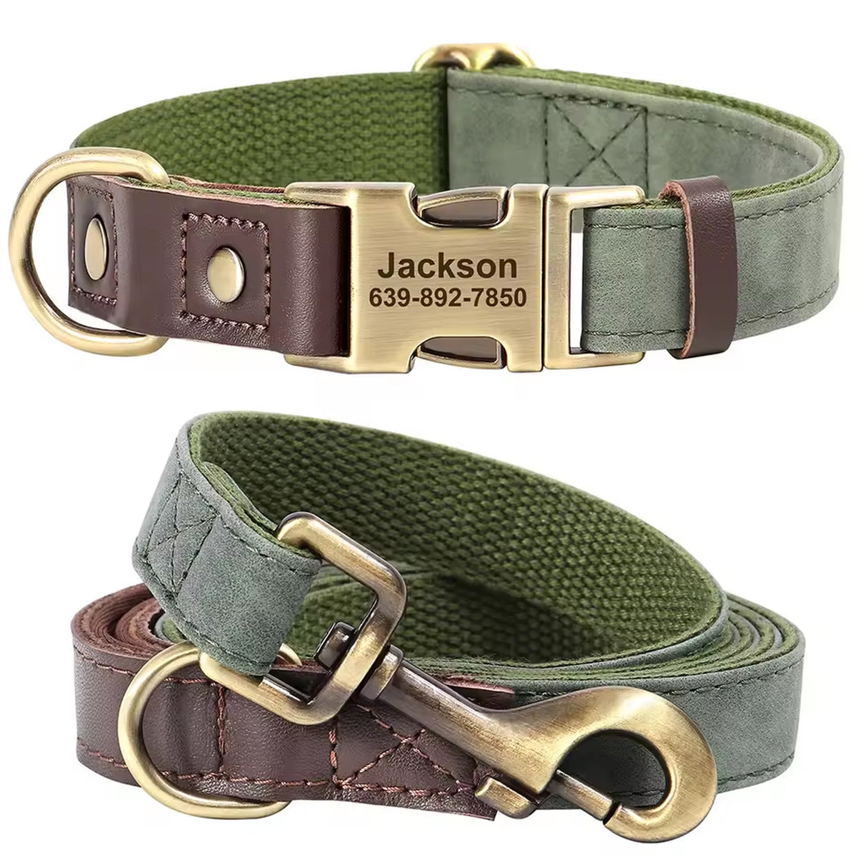 Leather-Look Dog Collar & Lead Set with Nameplate: green