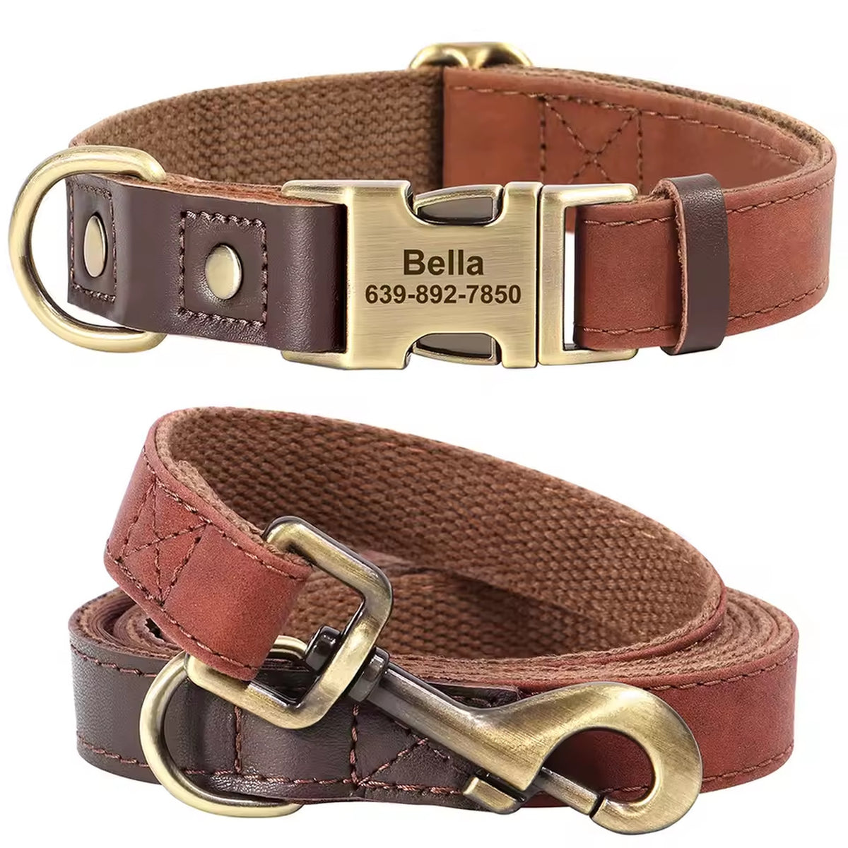 Leather-Look Dog Collar & Lead Set with Nameplate: brown