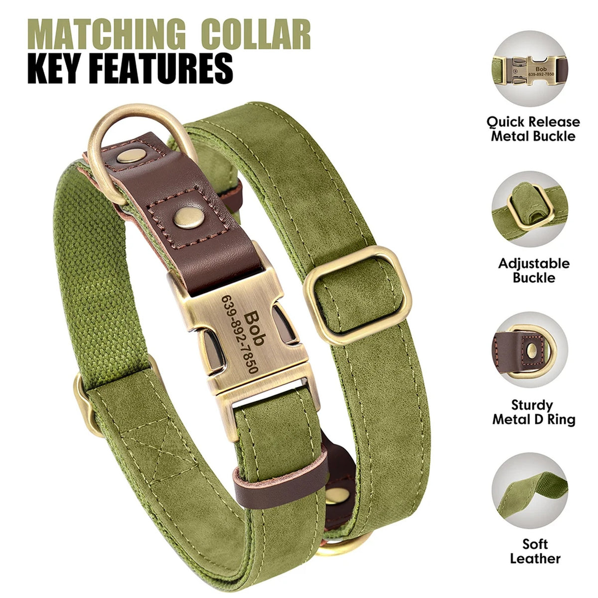 Leather-Look Dog Collar & Lead Set with Nameplate: features