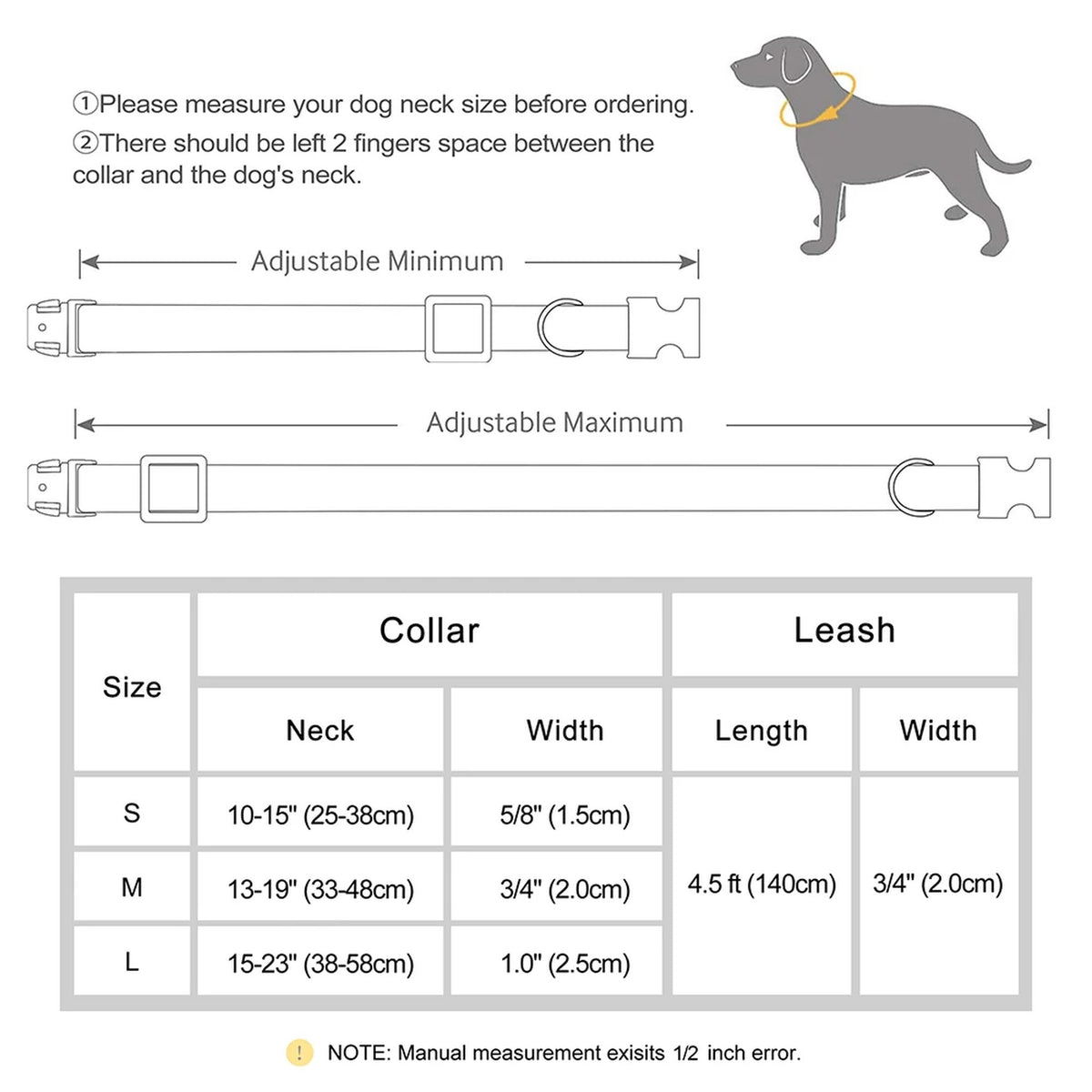 Leather-Look Dog Collar & Lead Set with Nameplate: size chart