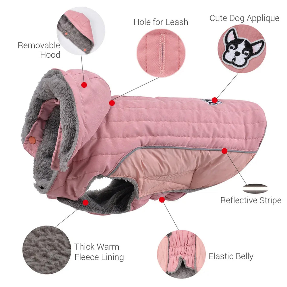 Quilted Dog Coat with Removable Hood: features