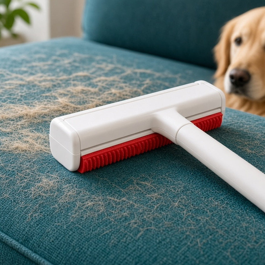 Pet hair remover roller collecting dog hair from a sofa