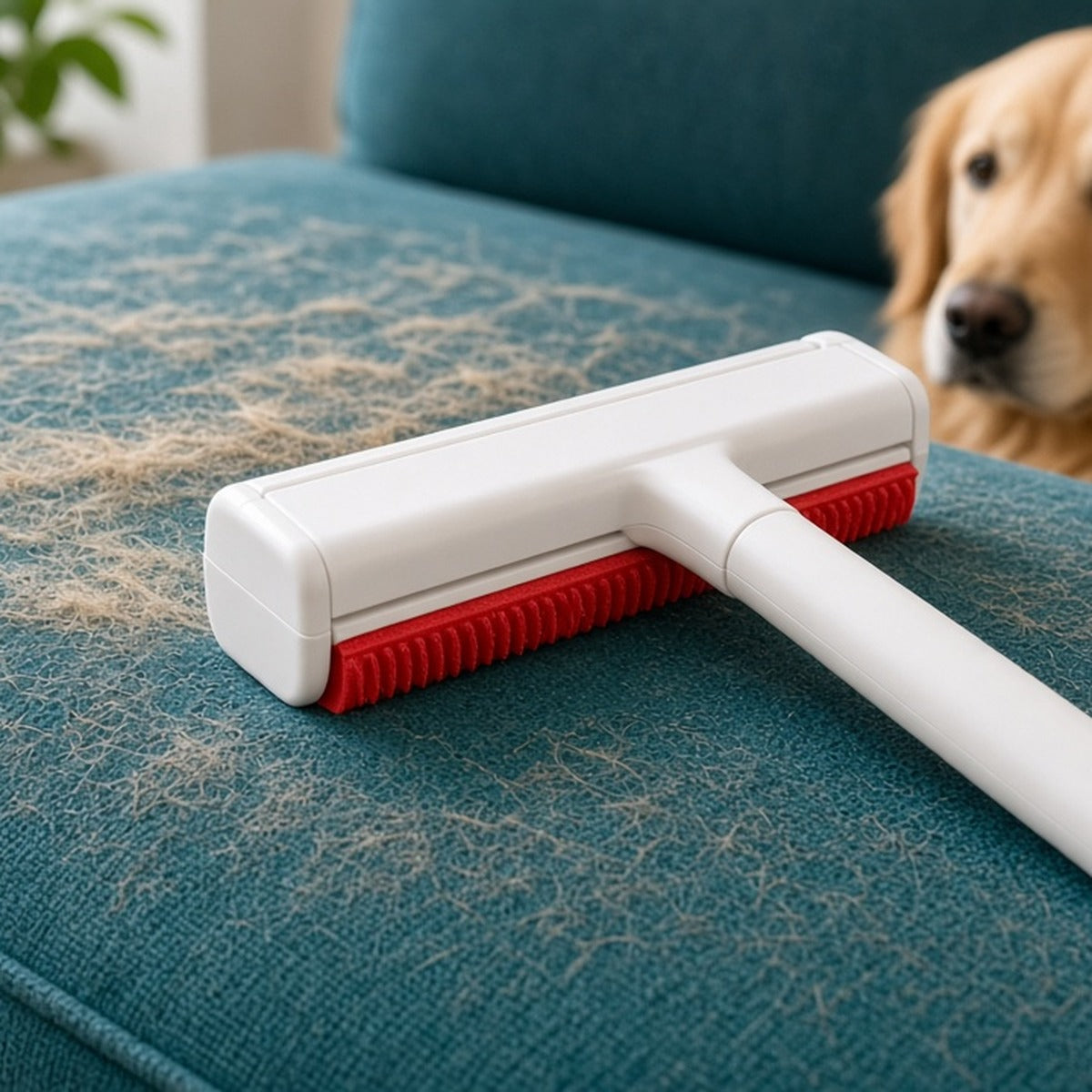 Pet hair remover roller collecting dog hair from a sofa