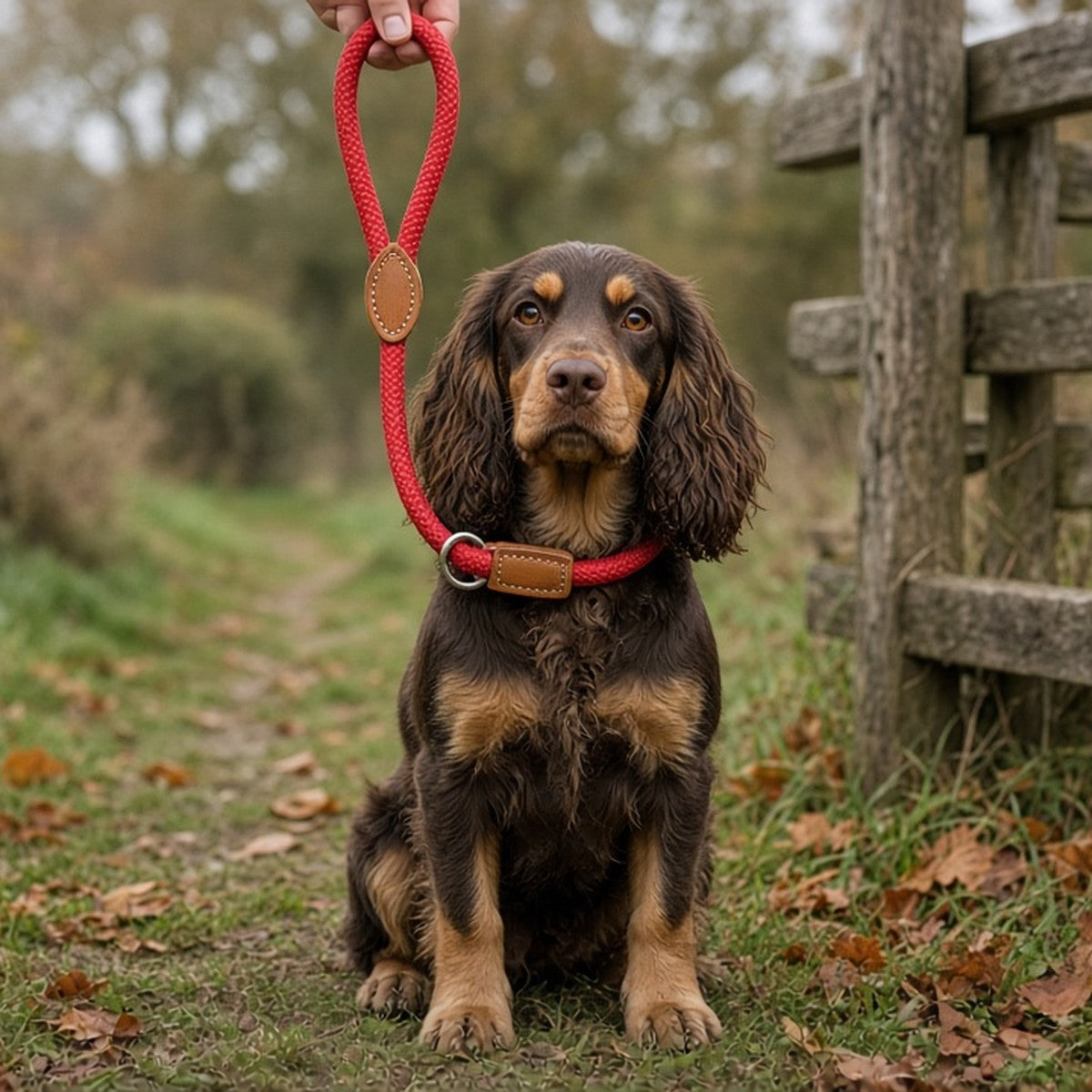 Cocker spaniel wearing the red Braided Rope Slip Lead with a brown leather slider on a leafy countryside path