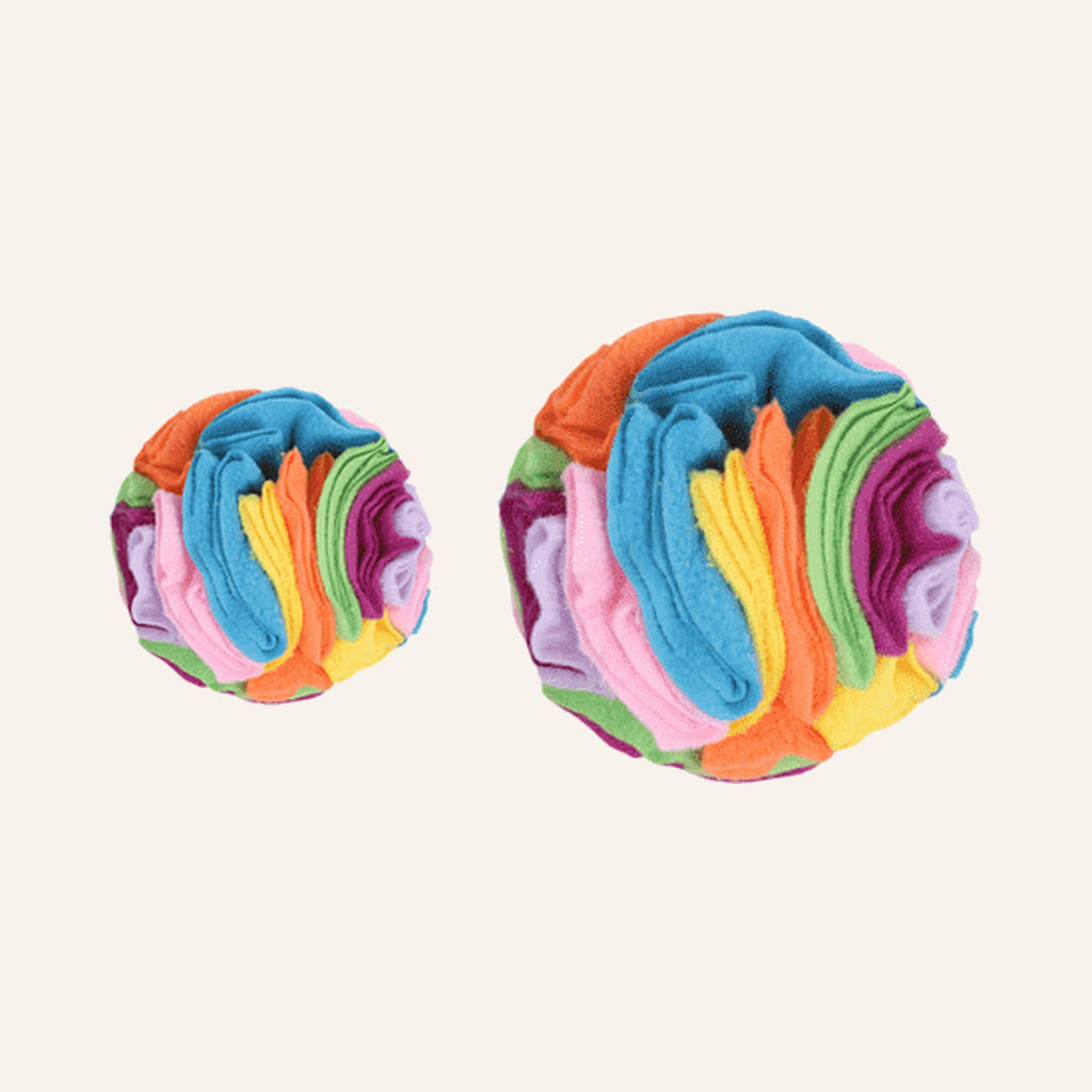Multicoloured fleece snuffle balls in small (about 10 cm) and medium (about 15 cm)