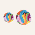 Multicoloured fleece snuffle balls in small (about 10 cm) and medium (about 15 cm)