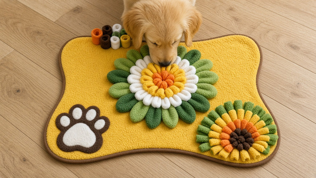 Golden retriever puppy sniffing for treats in a yellow bone-shaped fleece flower snuffle mat (64 x 43 cm)