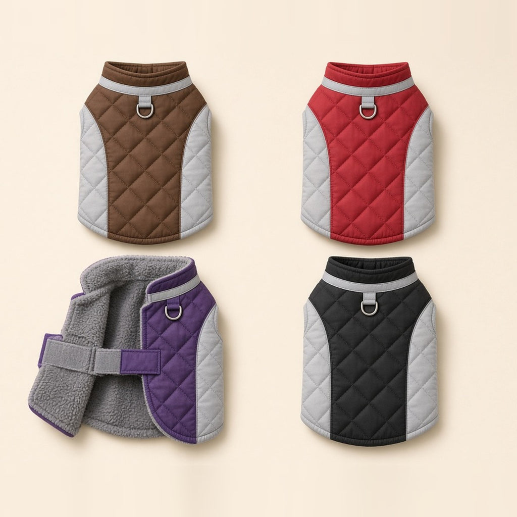 The quilted winter dog coat in coffee, red, purple and black, each with grey side panels, a fleece collar and a reflective band