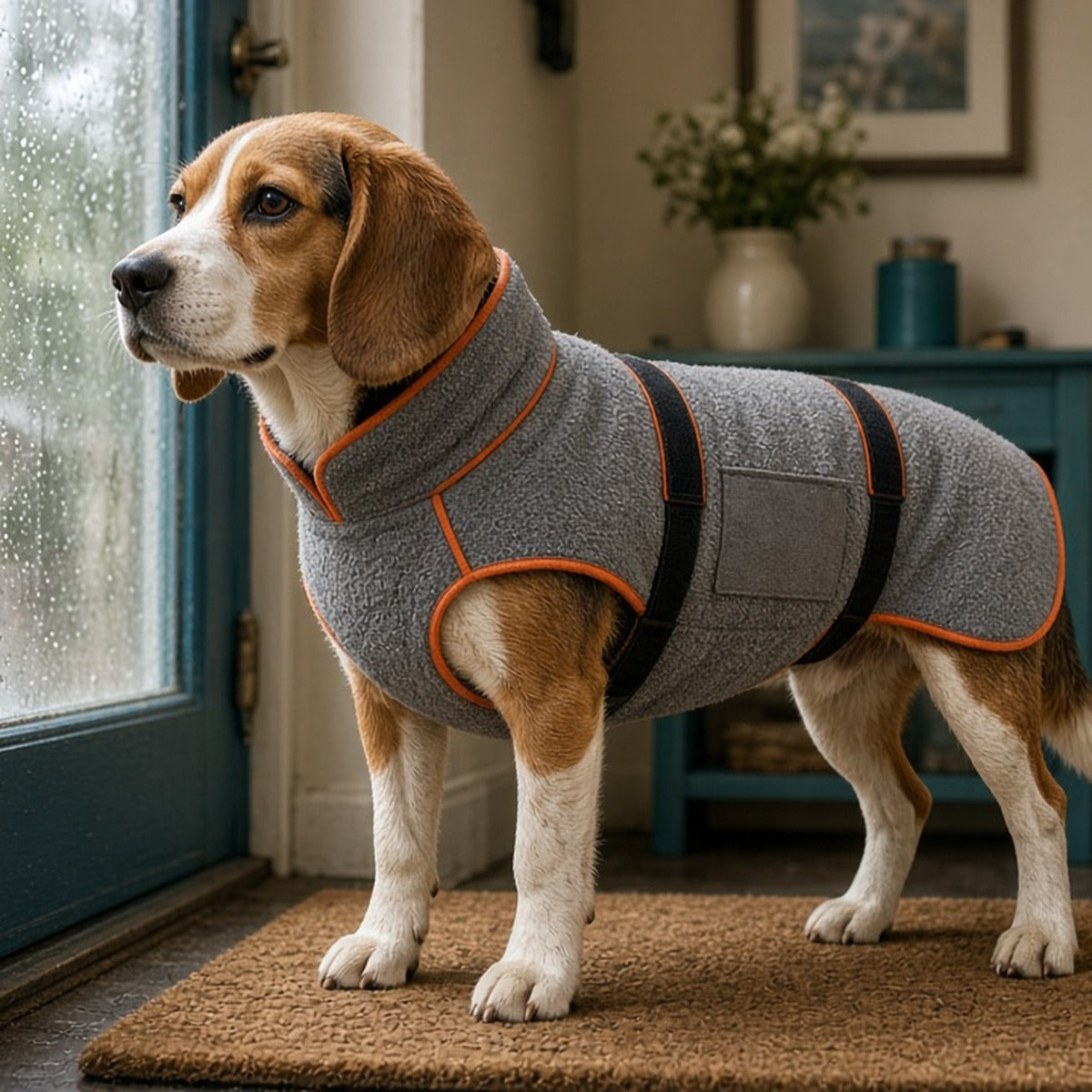 Beagle wearing the grey Dog Drying Coat by the front door