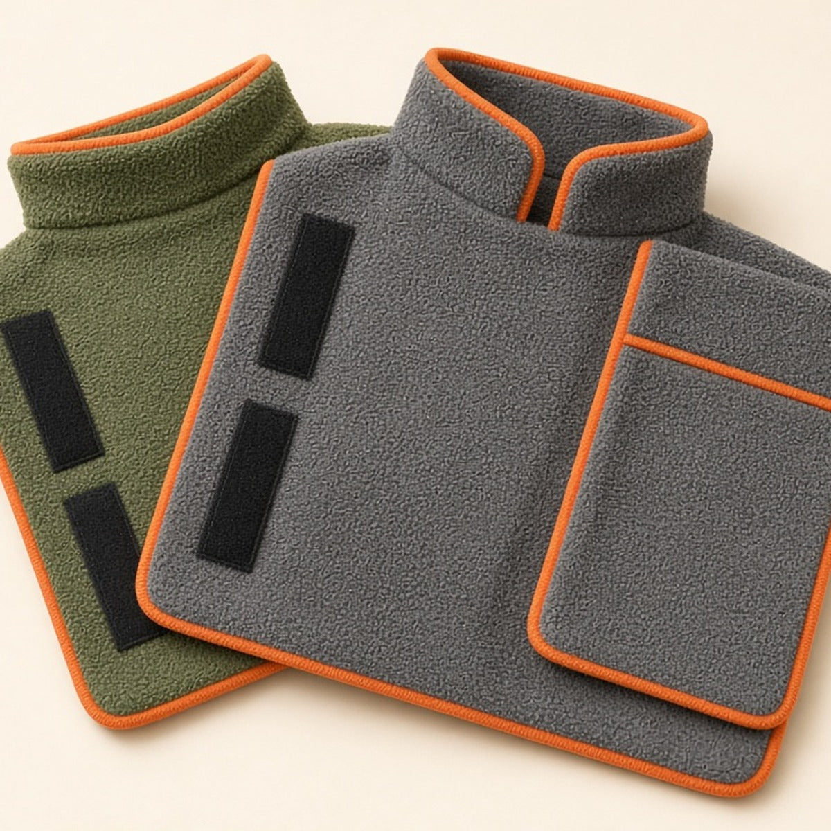 Grey and green Dog Drying Coats laid flat, showing the high collar and hook-and-loop straps