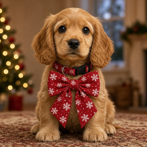 Cocker spaniel puppy wearing the red Christmas Snowflake Bow Collar with white snowflakes and a big matching bow, beside a Christmas tree