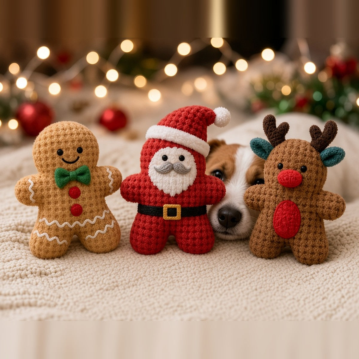 Christmas plush squeaky toys: gingerbread man, Santa and reindeer